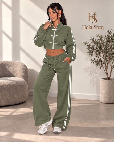 Coordset Kaoryn Verde militare - felpa cropped con zip e pantalone ampio