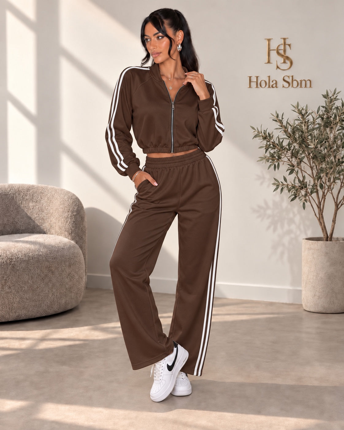Coordset Marika marrone con bande bianche - Hola SBM
