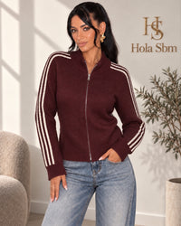 Cardigan Brixon Bordeaux indossato - zip e righe laterali