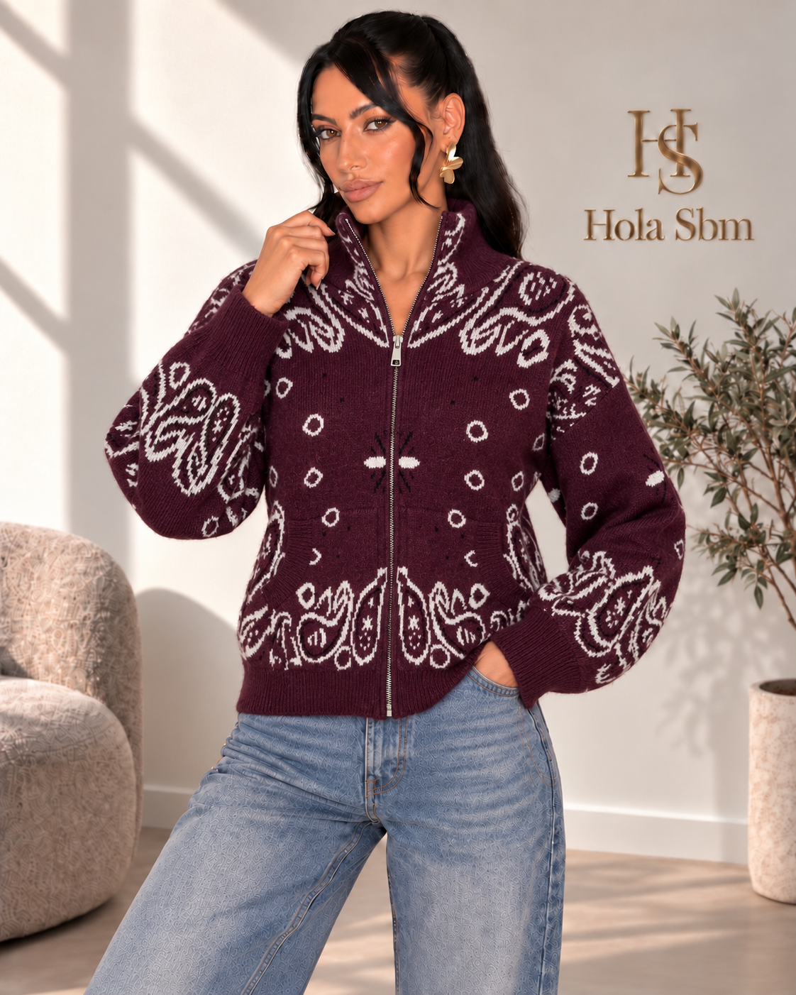 Cardigan Orvella Bordeaux con fantasia bandana