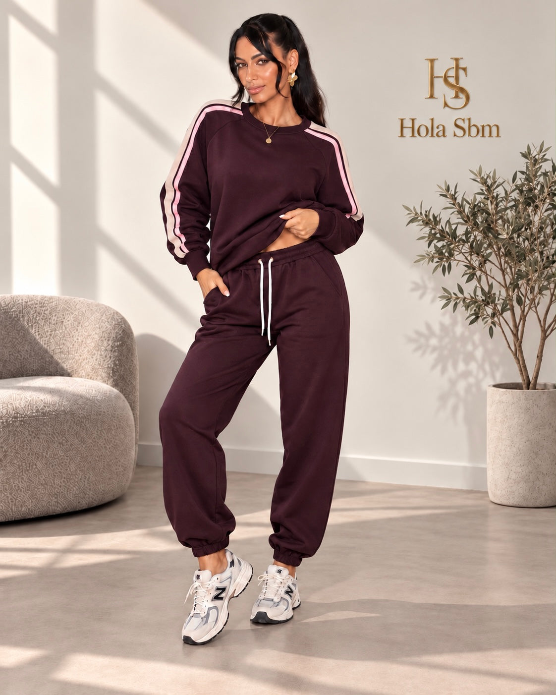 Coordset Kalyro bordeaux con righe rosa indossato
