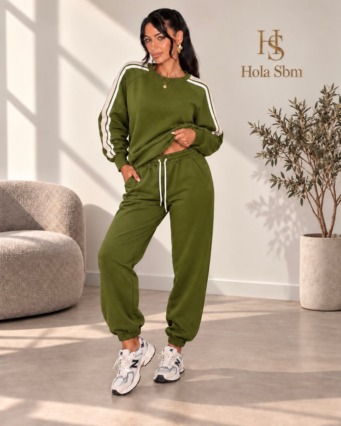 Coordset Kalyro verde militare con righe bianche indossato