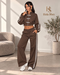 Coordset Kaoryn Marrone - felpa cropped con zip e pantalone ampio