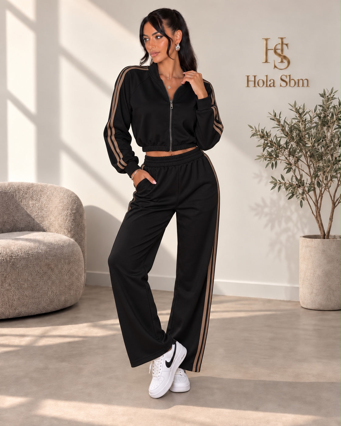 Coordset Marika nero con bande color taupe - Hola SBM