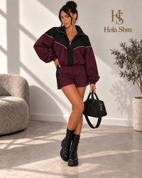 Coordset Norexa Bordeaux e nero con felpa e shorts - Hola SBM