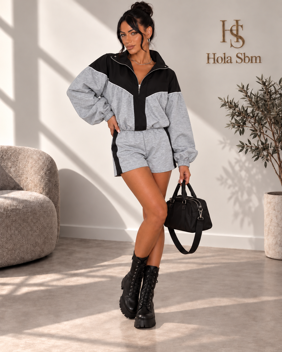 Coordset Norexa Grigio e nero con felpa e shorts - Hola SBM