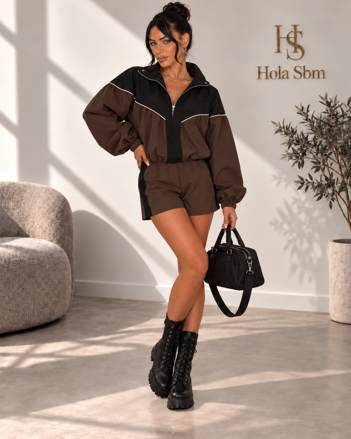 Coordset Norexa Marrone e nero con felpa e shorts - Hola SBM