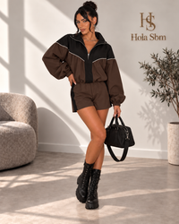 Coordset Norexa Marrone e nero con felpa e shorts - Hola SBM