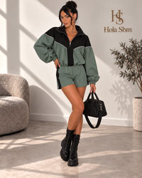 Coordset Norexa Verde e nero con felpa e shorts - Hola SBM