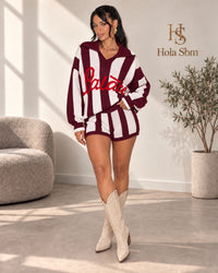 Coordset Palorya bordeaux e bianco - maglia e shorts a righe