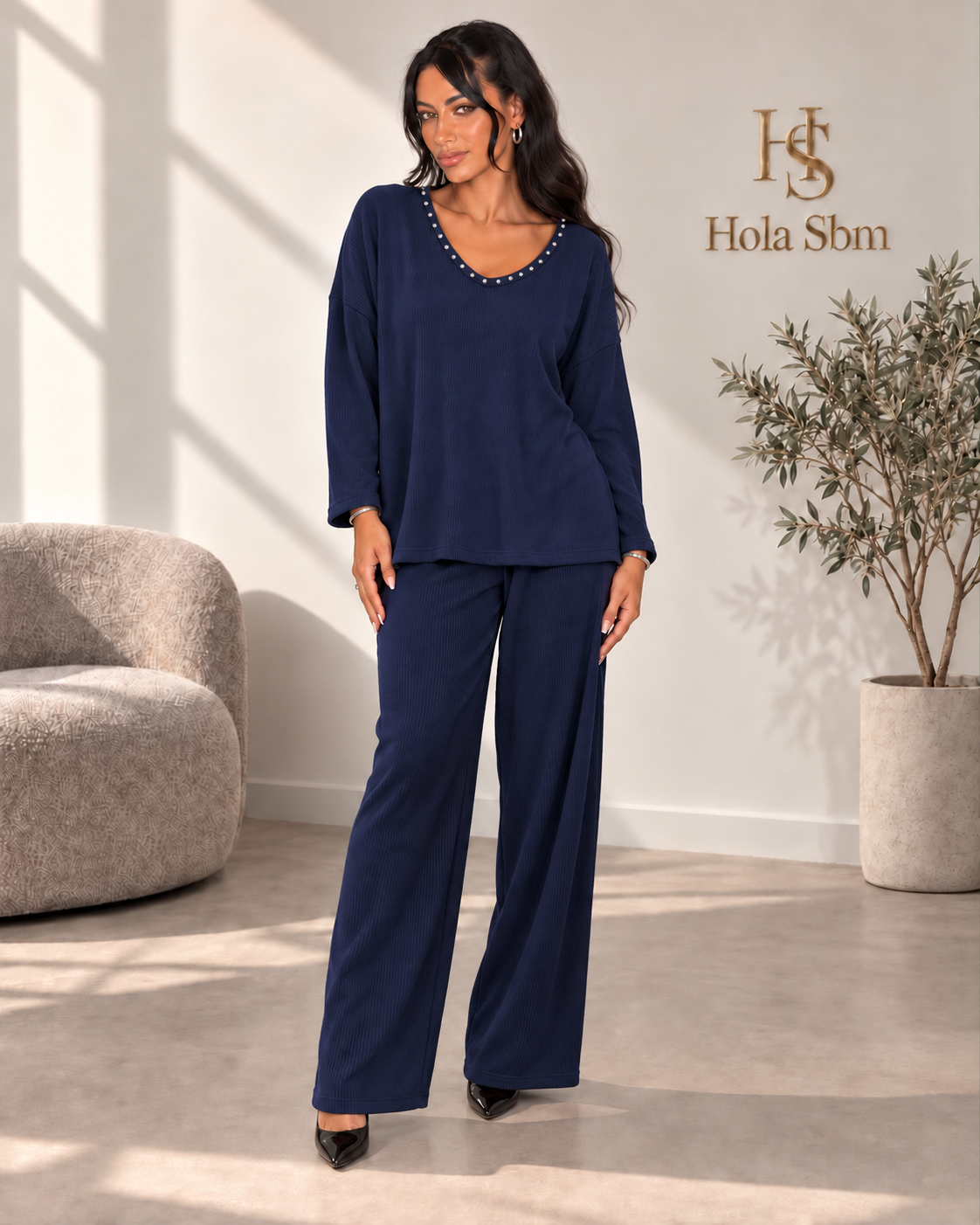 Coordset Serlina a costine Blu navy con borchiette sullo scollo
