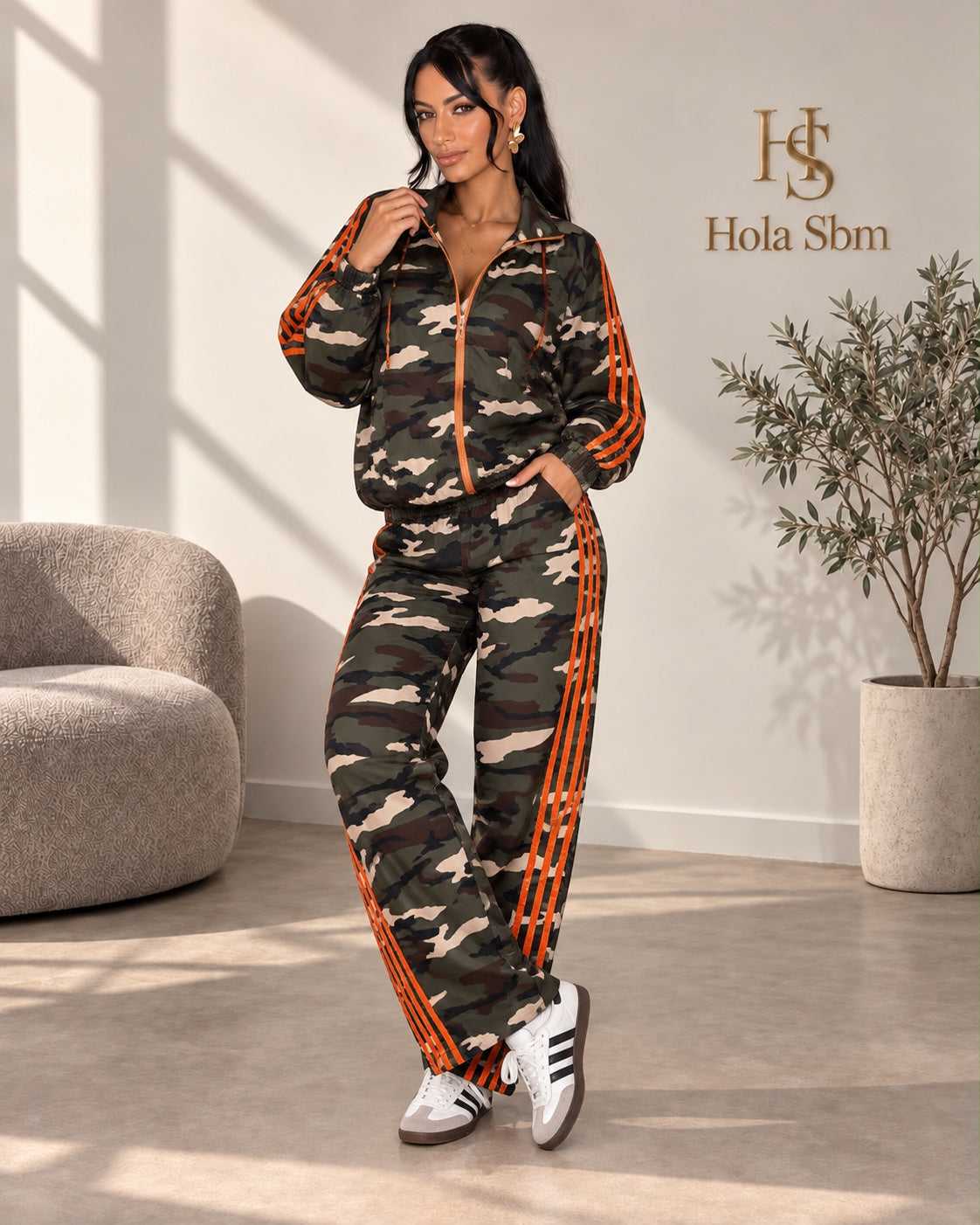 Coordset Ziva camouflage con righe arancioni