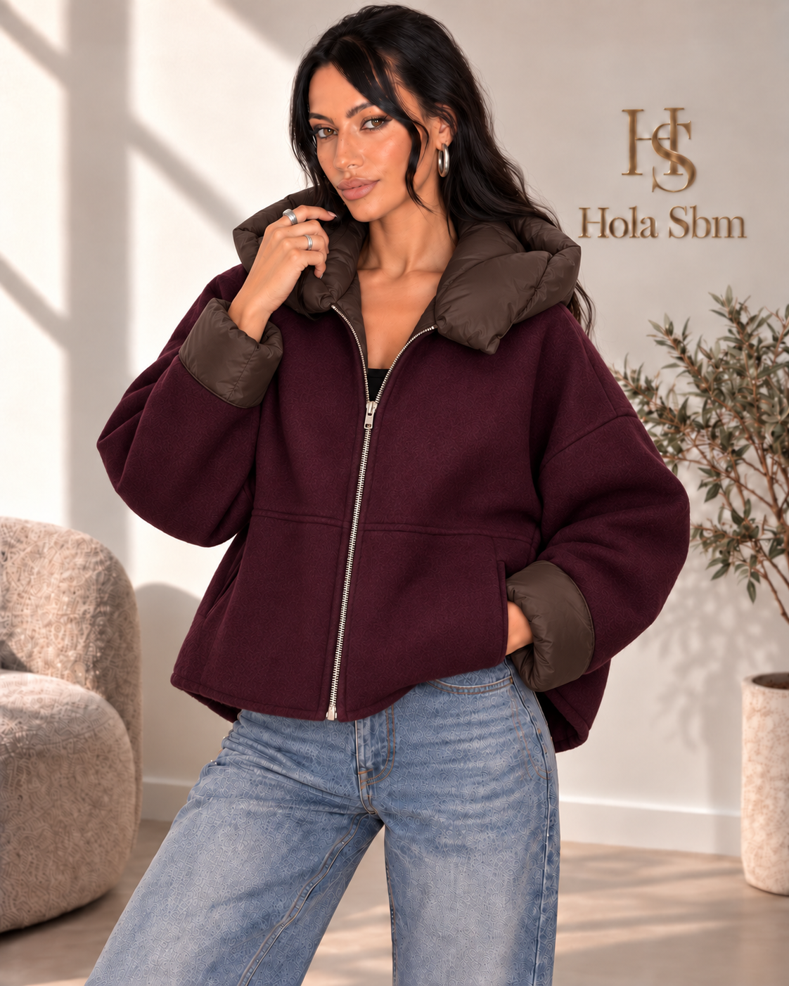 Giacca Calyra bordeaux con cappuccio e polsini marroni - Hola SBM