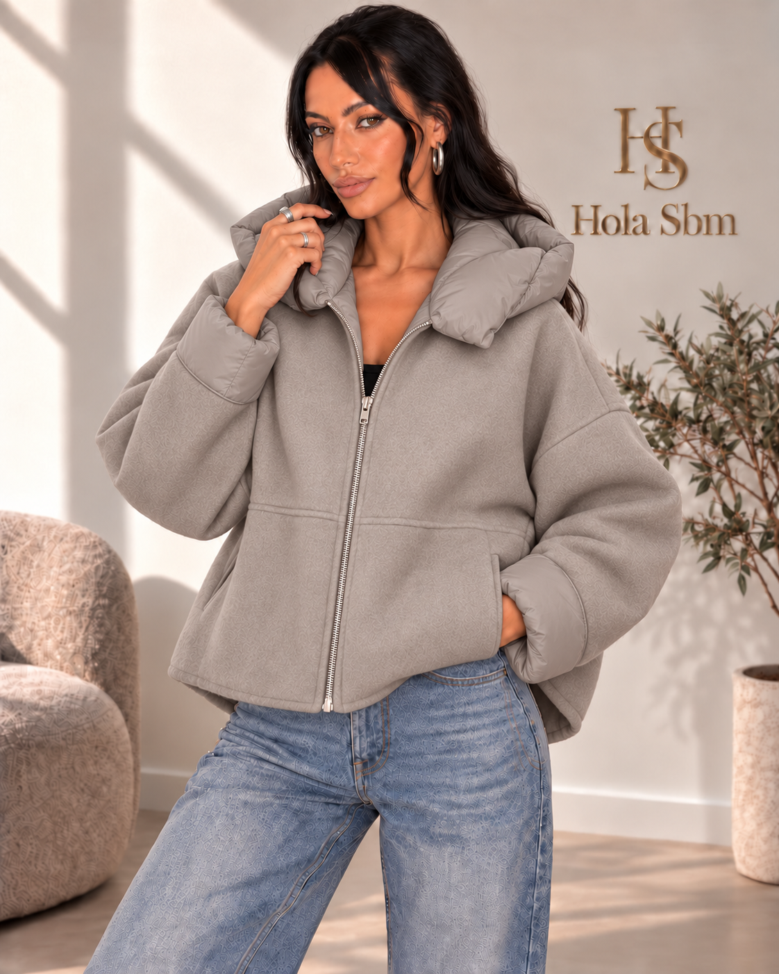 Giacca Calyra tortora con cappuccio imbottito - Hola SBM