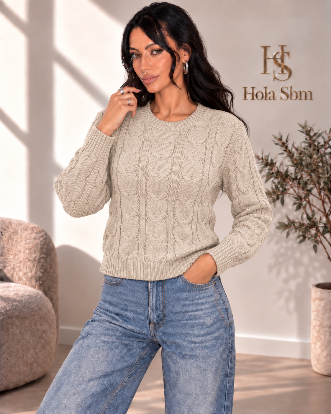 Maglia Trevia Beige girocollo a trecce