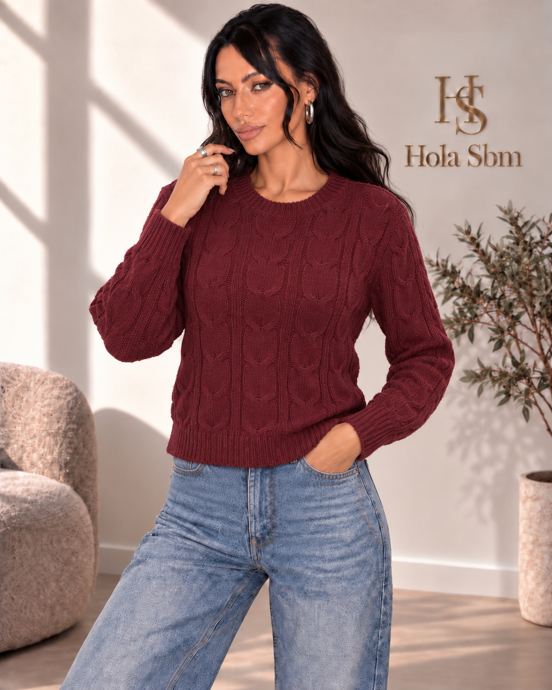 Maglia Trevia Bordeaux girocollo a trecce