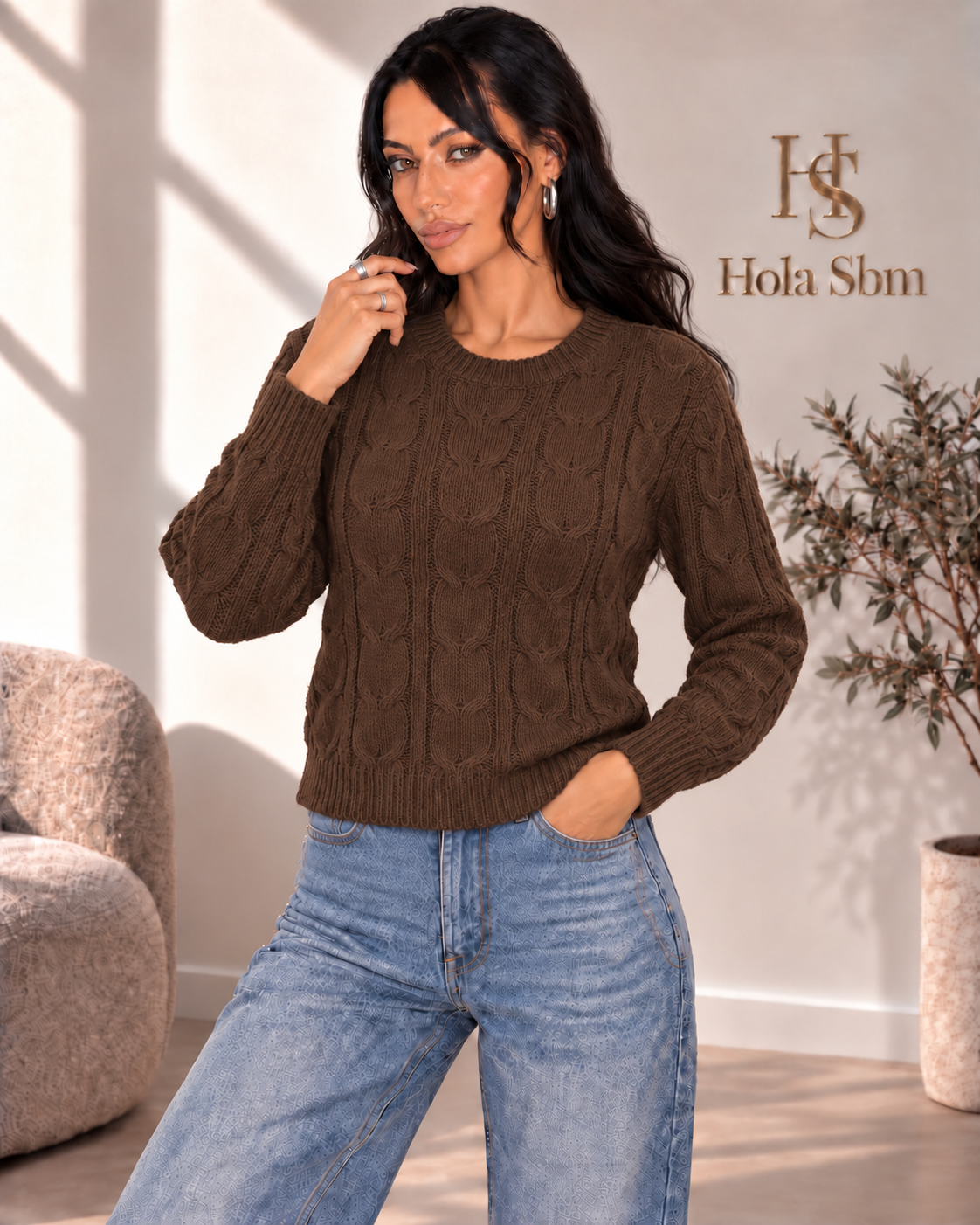 Maglia Trevia Marrone girocollo a trecce