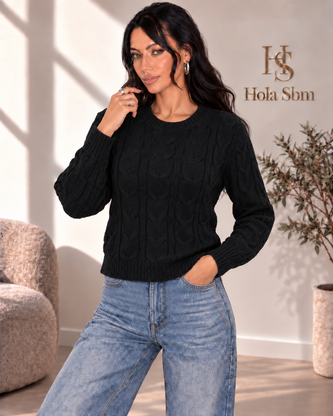 Maglia Trevia Nero girocollo a trecce