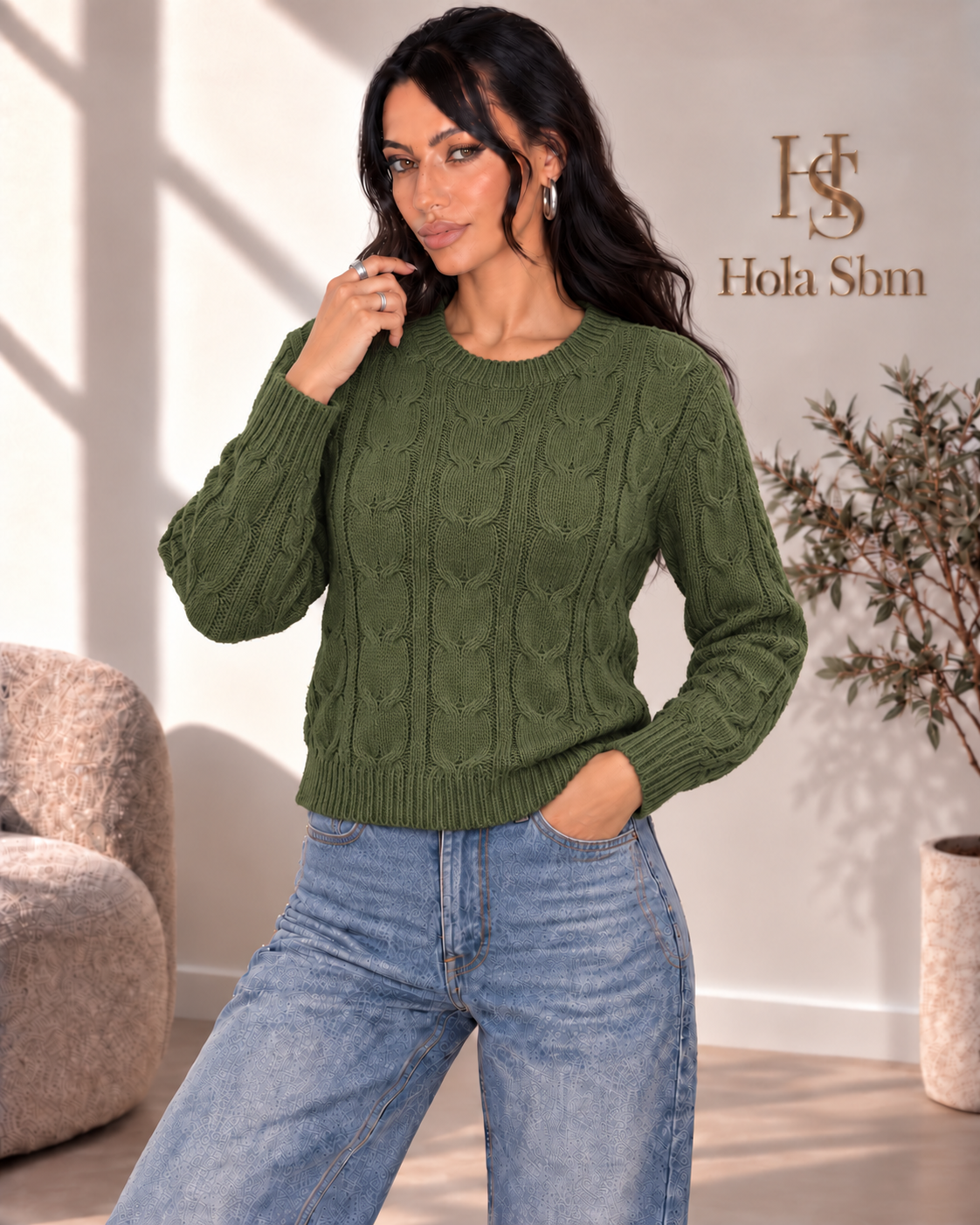 Maglia Trevia Verde oliva girocollo a trecce