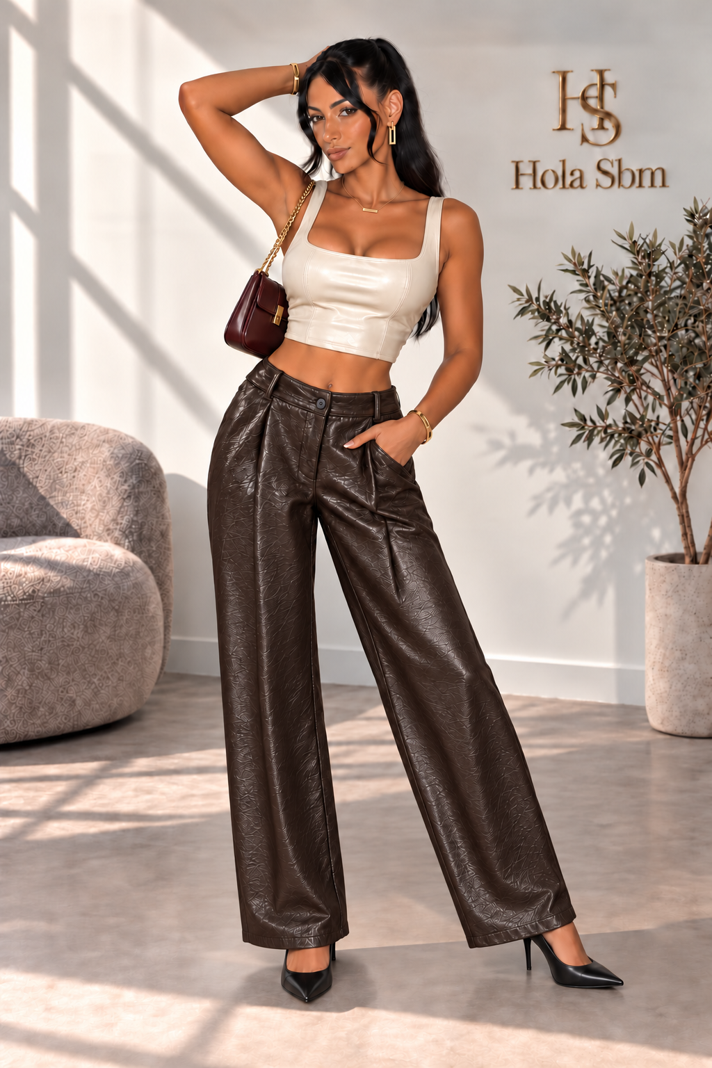 Pantalone Delyra in ecopelle lucida testa di moro