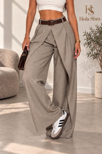Pantalone Folden tortora, dettaglio davanti e cintura