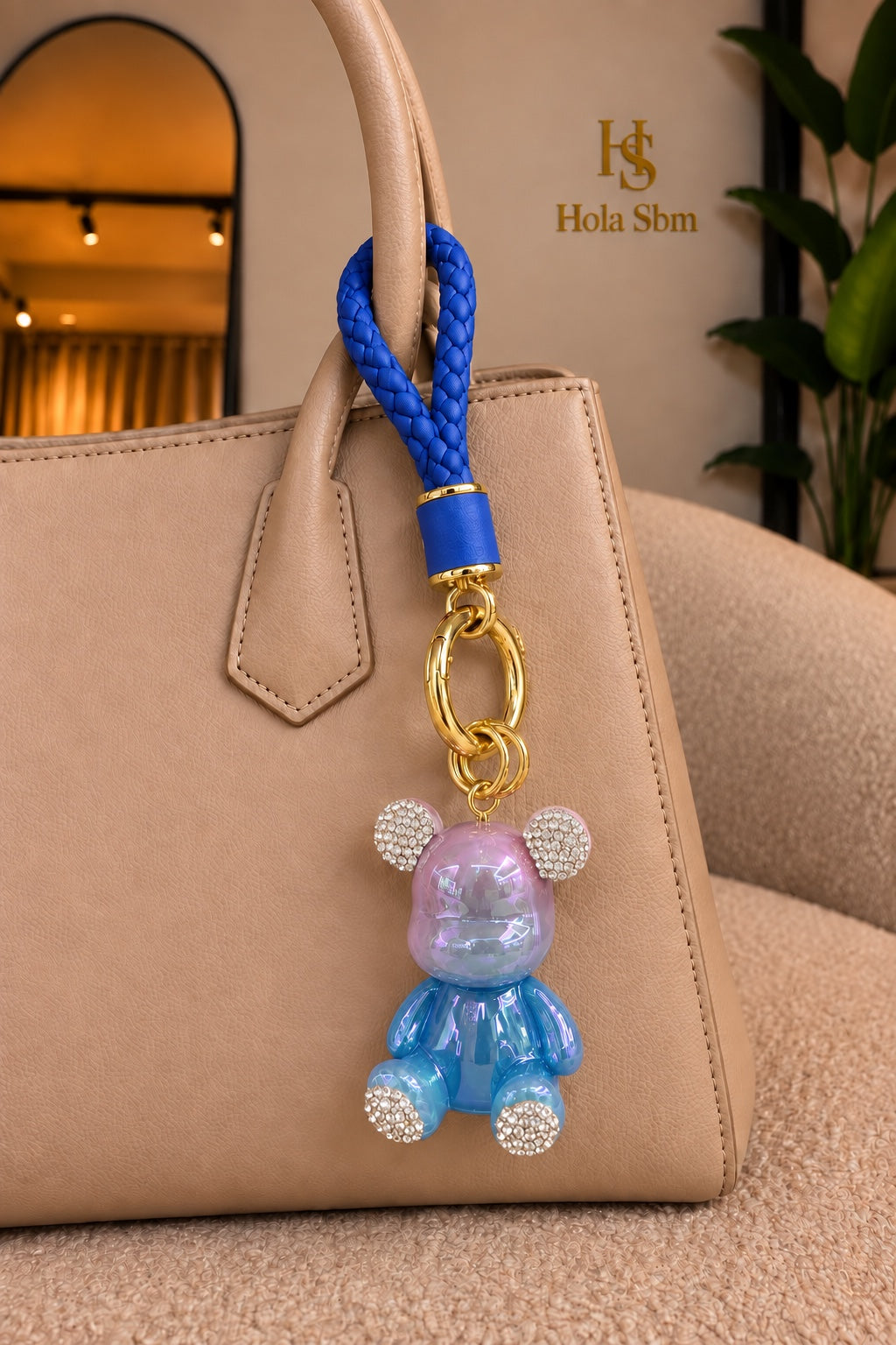 Portachiavi Charm Teddy blu con orsetto iridescente