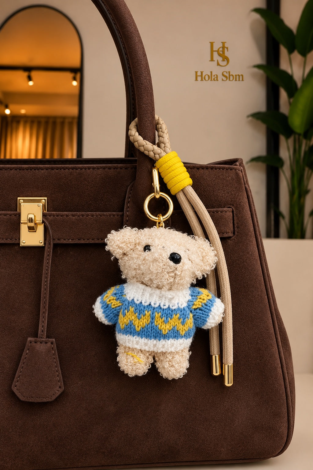 Portachiavi Teddy Sky beige e giallo su borsa marrone