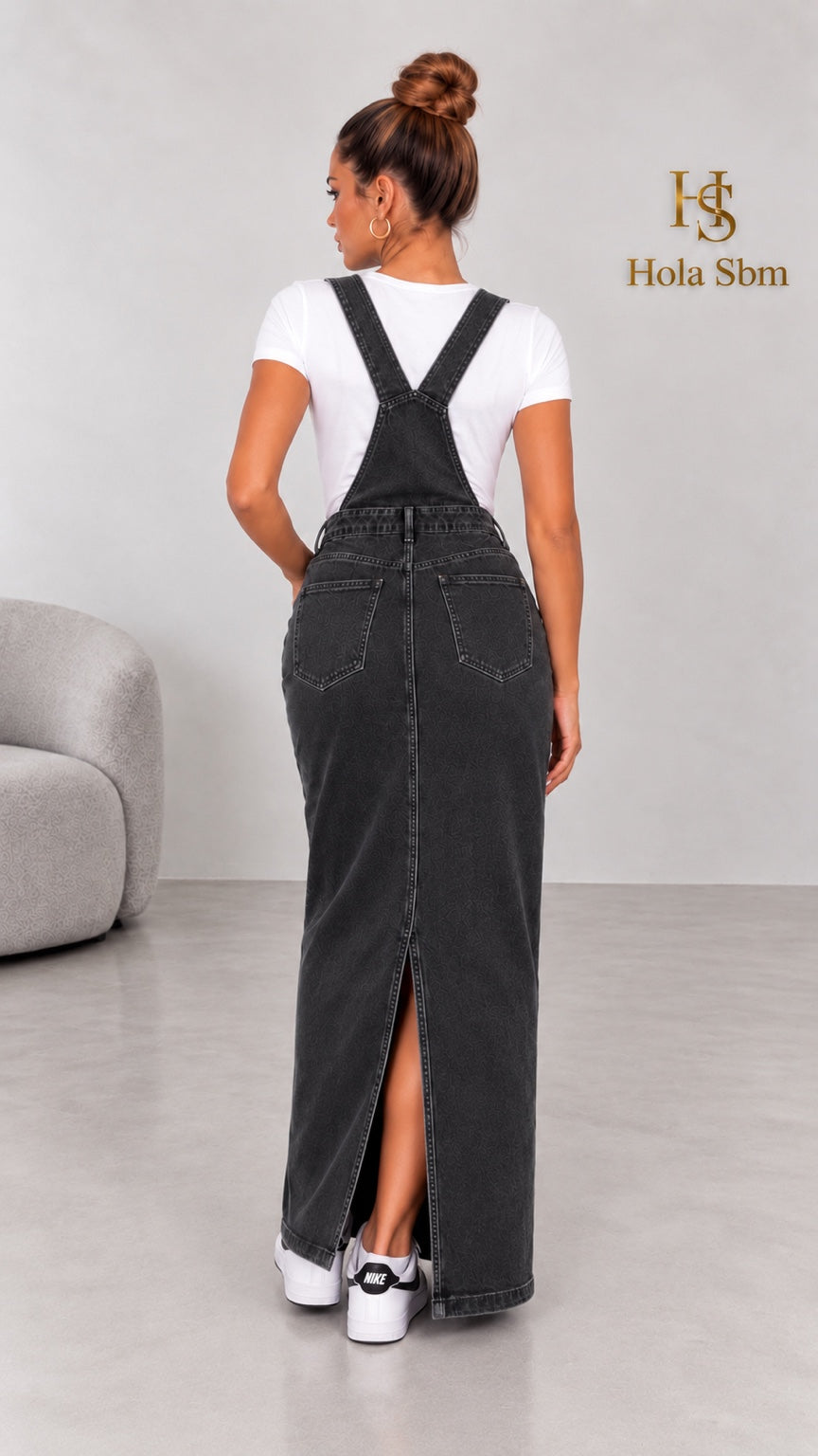 Salopette Kalisa denim nero - retro con spacco