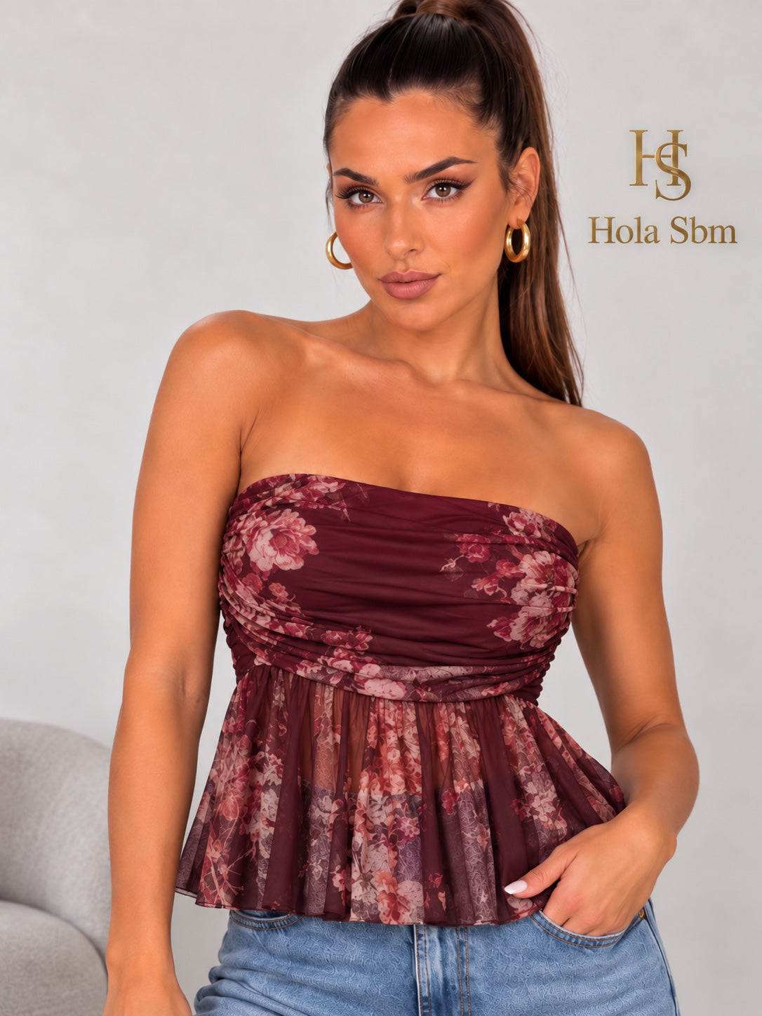 Top Iman bordeaux floreale