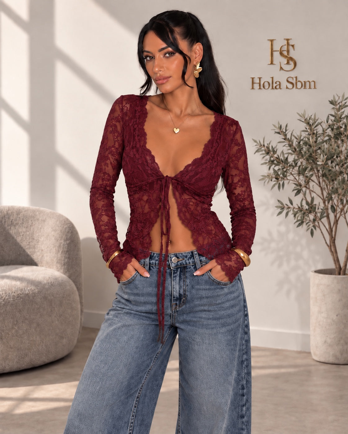 Top Sicret bordeaux in pizzo floreale a maniche lunghe con laccetto frontale